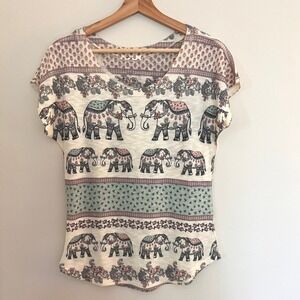 Boho Festival Hippie Elephant Print Knit Top Cap Sleeve Size Medium  by Gaze USA